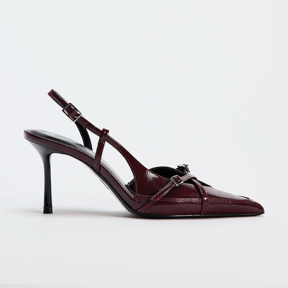 Zara Burgundy BUCKLED STRAP HEELED SHOES - Picture 6 of 10